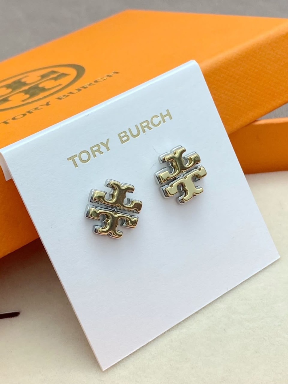 Tory Burch Two-Tone Double-T Logo Stud Earrings